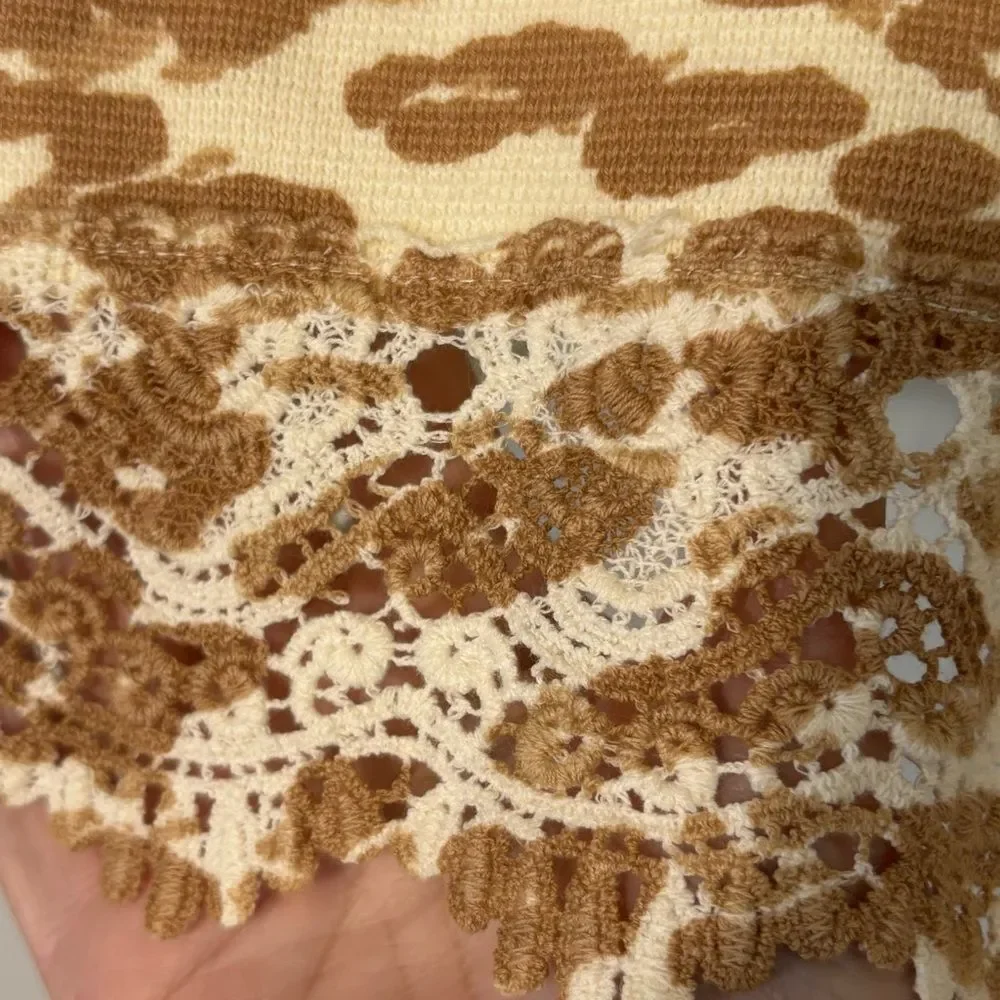 Chico's Open Front Animal Print Cardigan Lace Trim Cream Brown Chico's Size 2